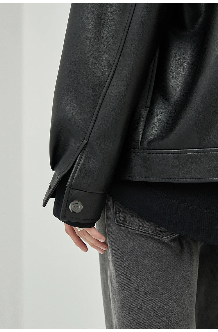 Mauroicardi Spring Autumn Short Oversized Brown Black Soft Faux Leather Jackets for Men Pockets Long Sleeve Korean Fashion 2022