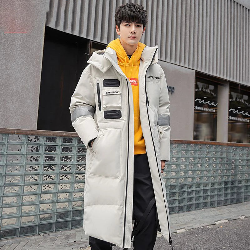 Gmiixder 2023 New Over Knee Down Coat Men's Mid Length Couple Thickened Multi Pocket Parkas Youth Work Wear Winter Long Jacket