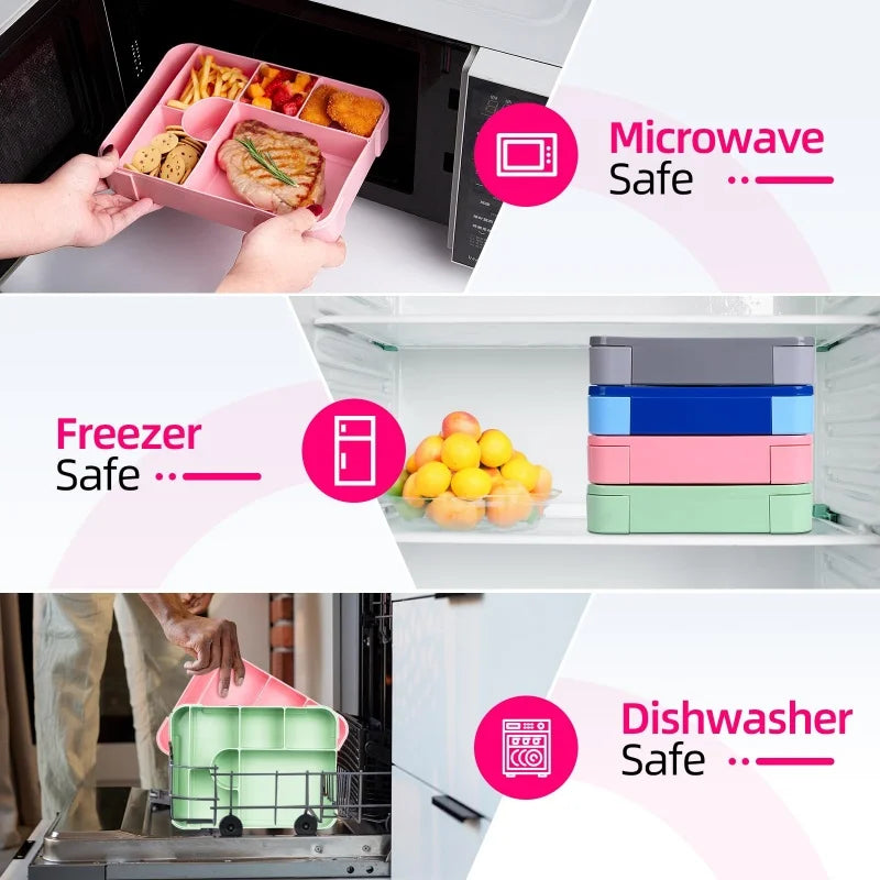 Divided Bento Box Large Capacity Microwave Lunch Box with Fork Spoon Leakproof Food Container For Back To School Camping Kitchen