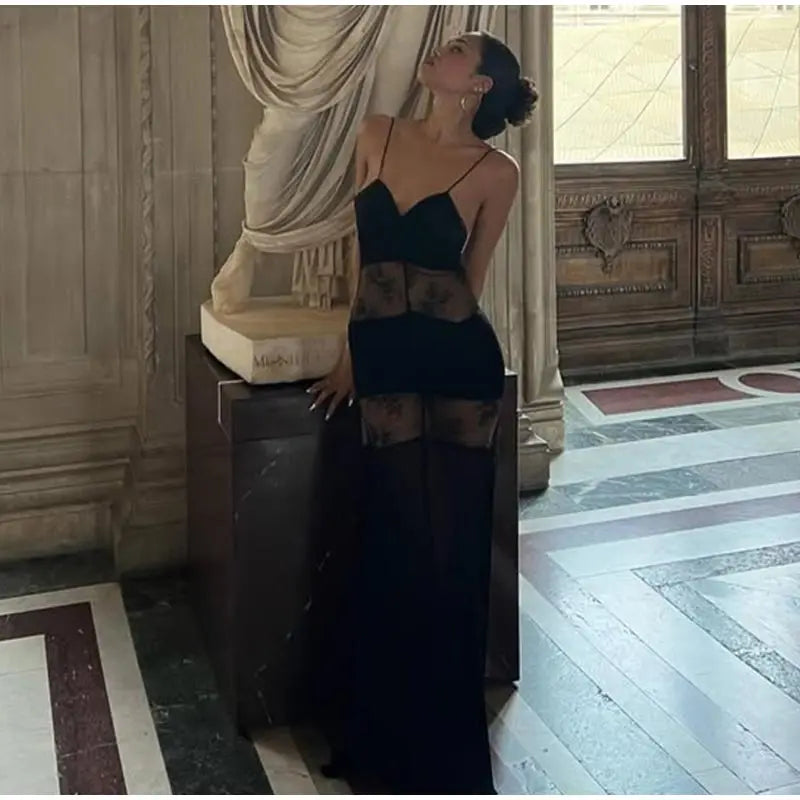 New Sexy Lace V-neck Sling Long Dress Women Retro Black Perspective Sleeveless Patchwork Maxi Dresses Female Chic Street Party