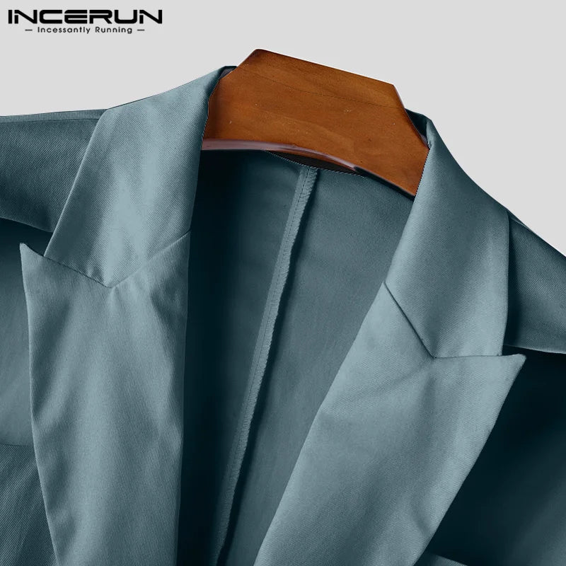 INCERUN Tops 2025 American Style Fashion Men Hollow Button Design Suit Coat Casual Streetwear Solid Long Sleeved Lace Up Blazers