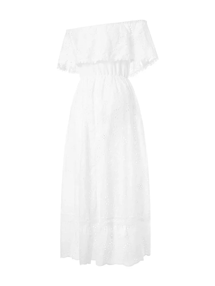 Women Bohemian White Long Dress Short Sleeve Off Shoulder Lace Ruffle Loose Dress Summer Holiday Beach Casual Dresses Female