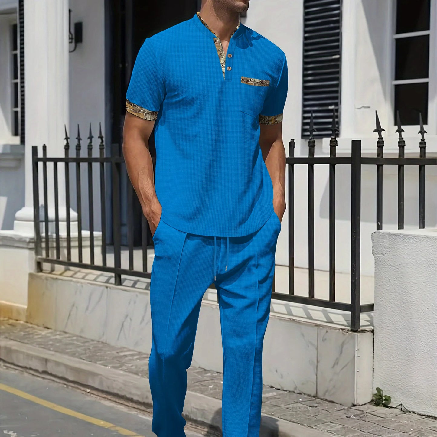 Men's Light Luxury Polo Shirt Set Summer Men's Stand up Collar Button Pocket Waffle Short Sleeve T-shirt Sports Trend Men's Set