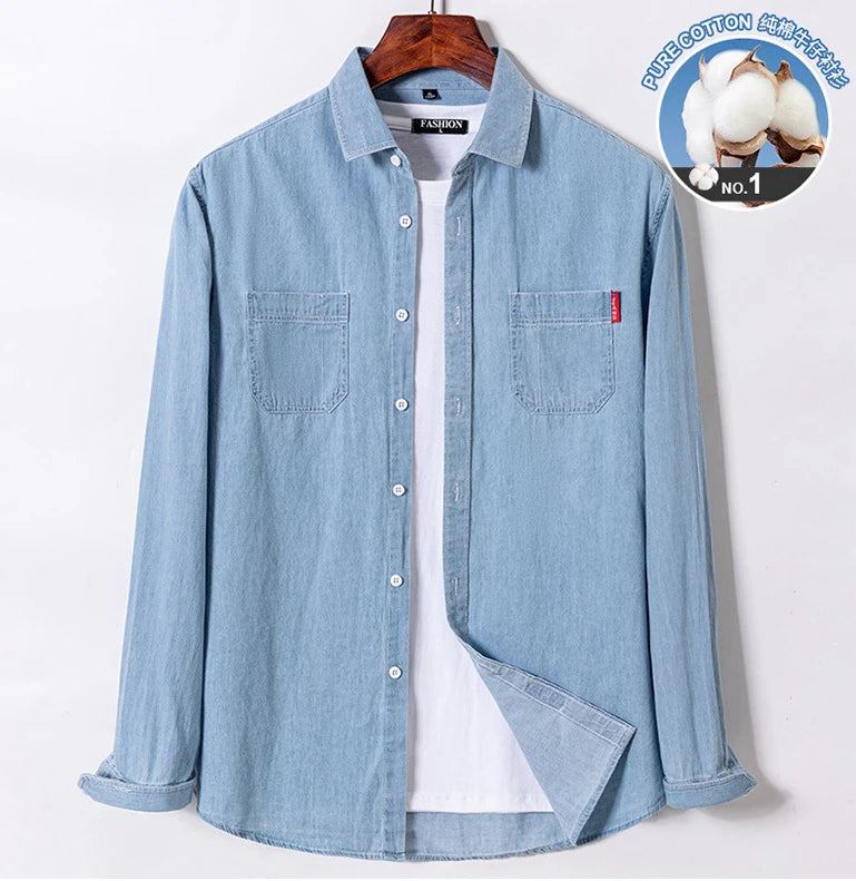 2023 Spring and Autumn Enzyme Washed Men's Long Sleeve Denim Shirt Pure Cotton Casual Fashion Outerwear Versatile Men's Clothing