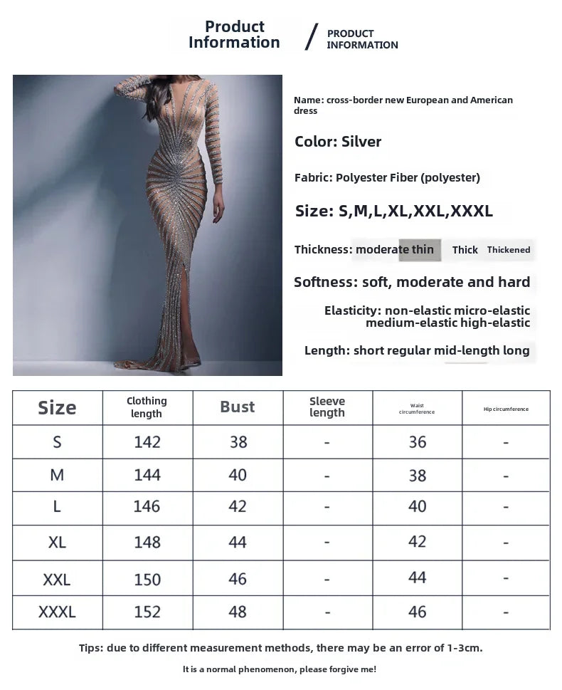 2024 New Spring Fashionable Embellished Women's Mesh Dress Long Sleeve Side Slit Long Dress For Women