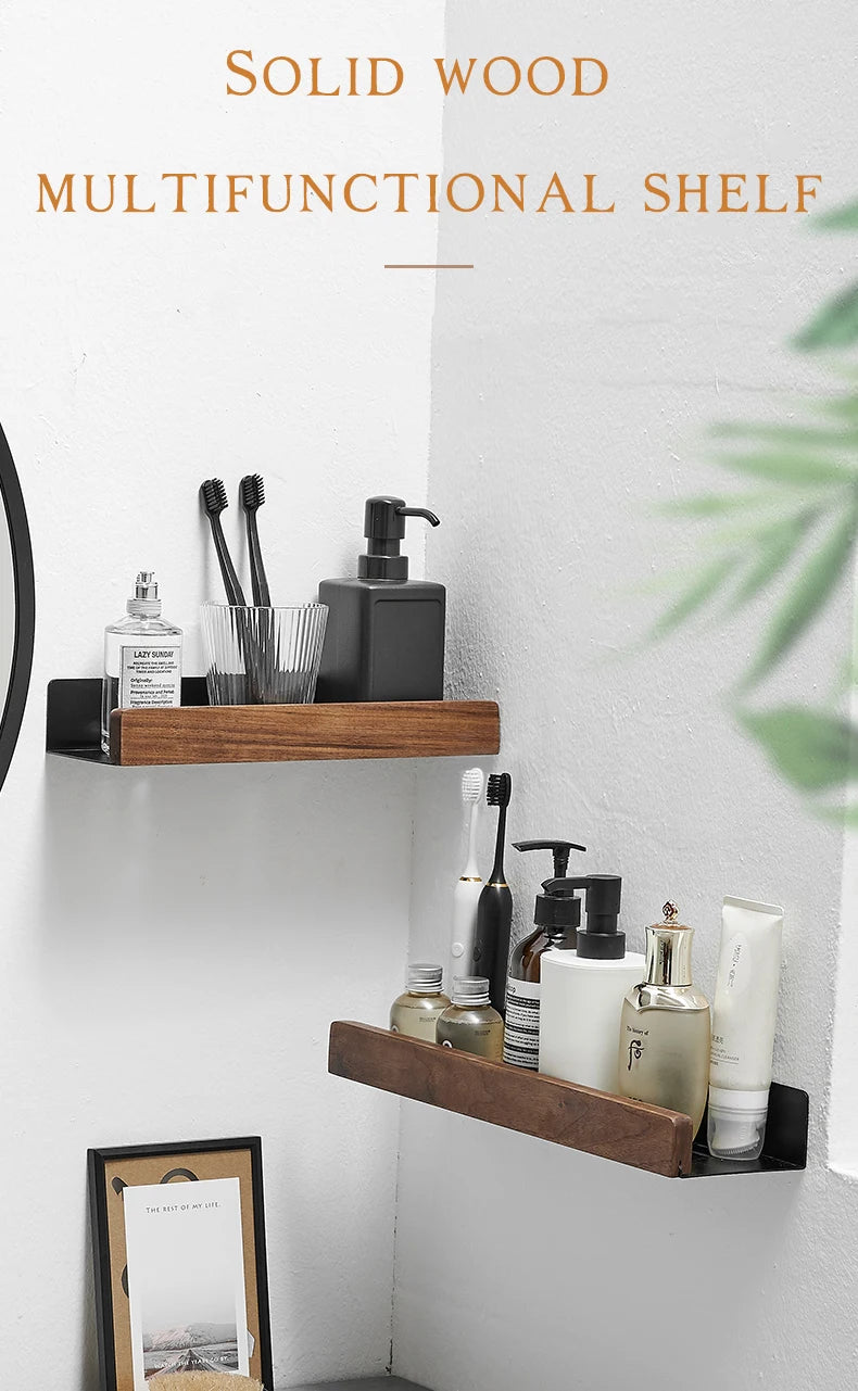 Bathroom Rack Wall-mounted Shower Room Toilet  Nordic style Shelf Cosmetic Storage kitchen Multi-purpose Shelf Solid Wood