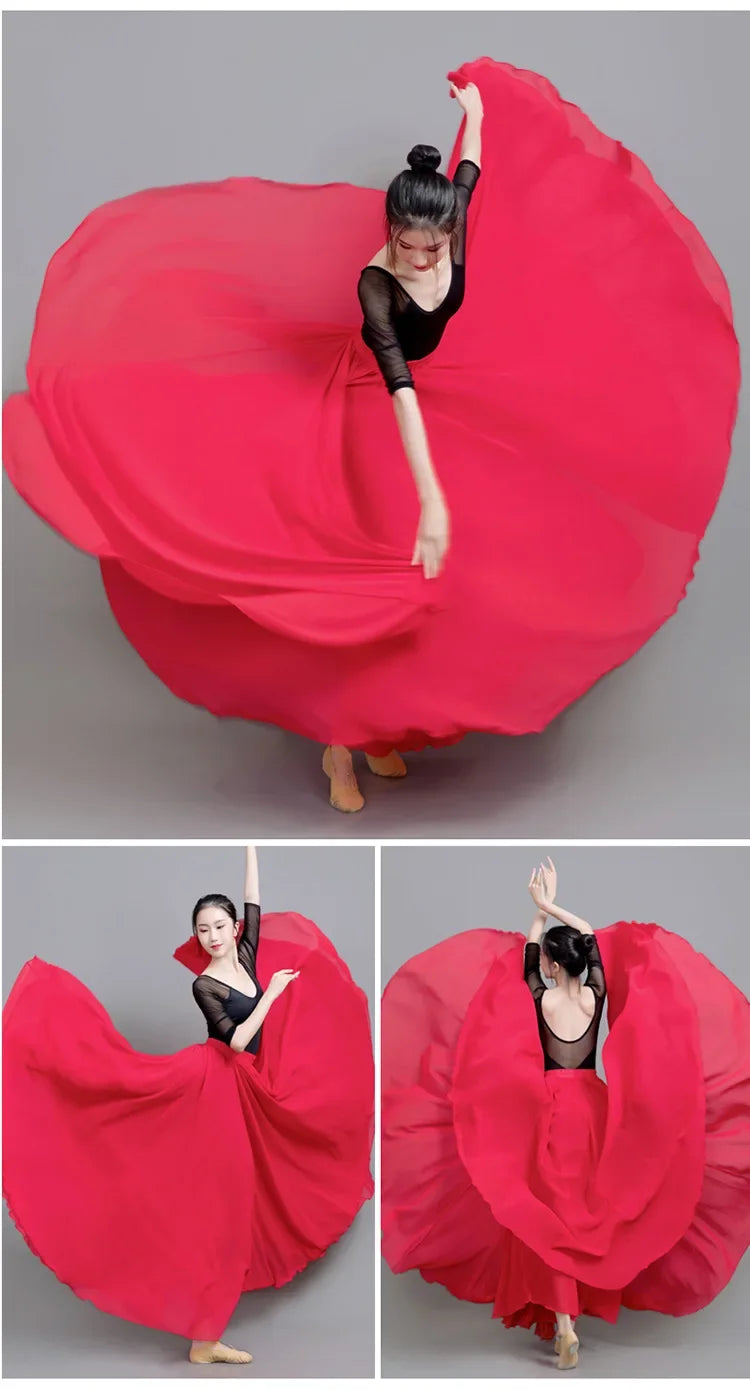 720 Degree Wide Dancing Skirt Chiffon Double Layer Semi-Long Dress Women's Solid Color Xinjiang Dance Skirt