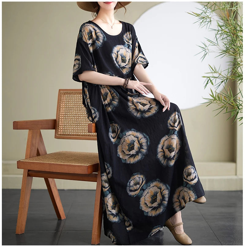 Oversized Summer Bohemian Style Long Dress Women Ruffle Pleated Fashion Flower Print Ladies Dresses Loose Casual Woman Dress