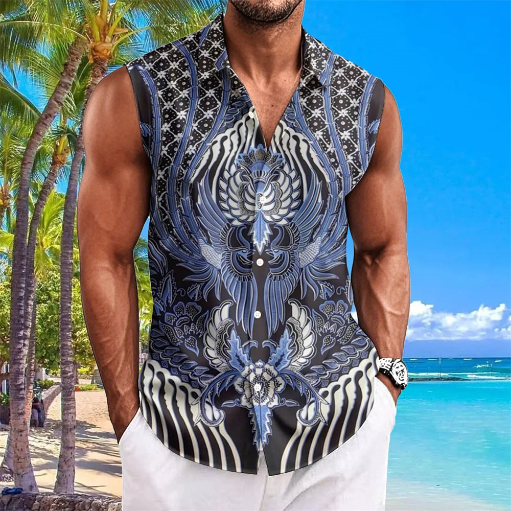 Ethnic Style Men's Shirts Cashew Flower Print Sleeveless Lapel Tops Hawaiian Shirt For Men Casual Vintage Oversized Men Clothing
