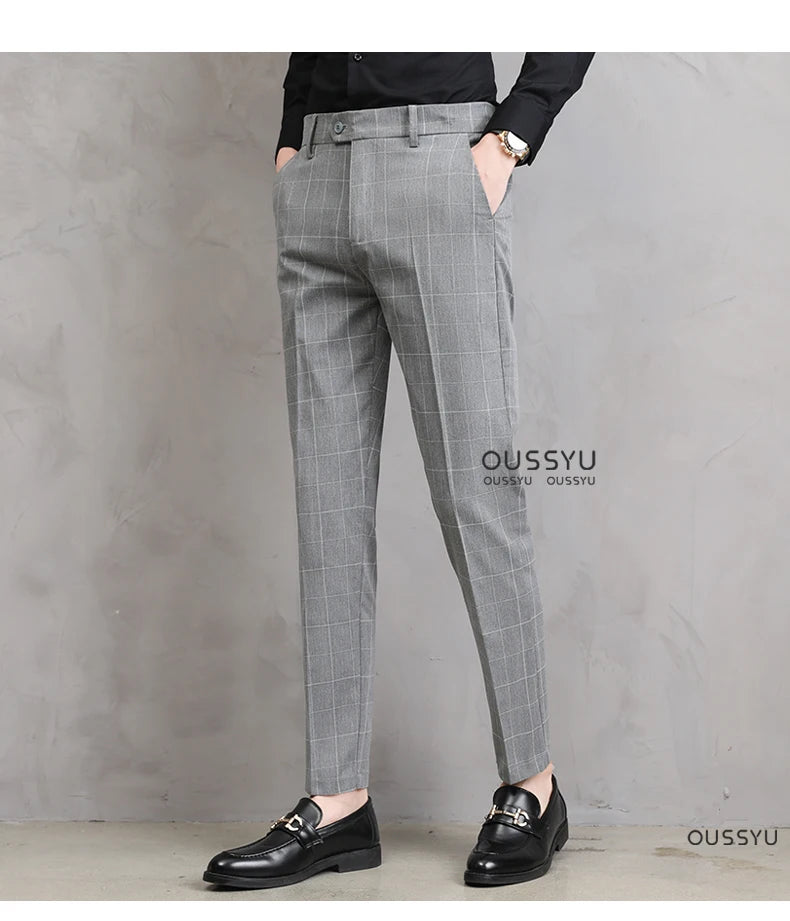 High Quality Summer Thin Plaid Pattern Formal Dress Pants Men Slim Business Work Office Party Korea Skinny Casual Trousers Male