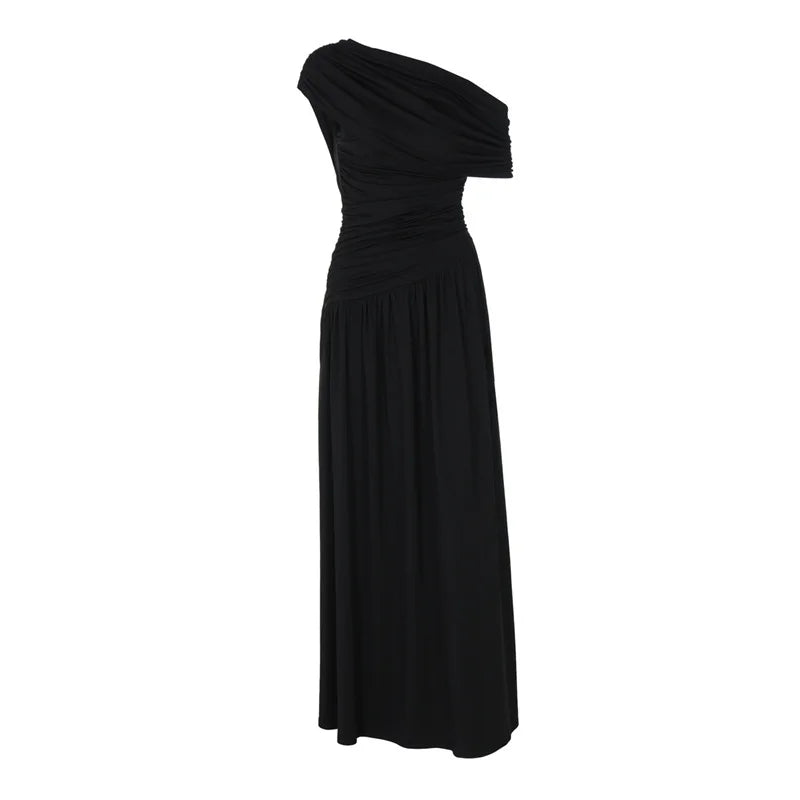 Mozision Incline Shoulder Backless Sexy Maxi Dress Women Summer New Fashion Sleeveless Pleated Ruched Club Party Long Dress