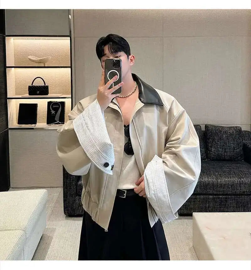 LUZHEN 2025 Spring Design Leather Collar Trendy Jacket Personalized Handsome Trendy Classy Versatile Color Contrast Tops LZ8146