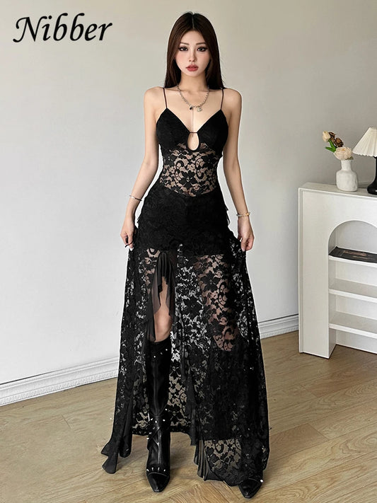 Nibber Sexy See Through Lace Sleeveless Long Dress Women Patchwork Summer Backless V-neck Side Slit Party Evening Maxi Vestidos