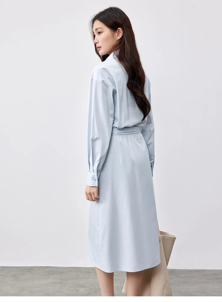 SENTUBILA Lyocell Shirt Dresses Womens 2025 Spring Cotton Embroidery A-line Turn Down Collar Solid Wrap Long Dress 151L58233