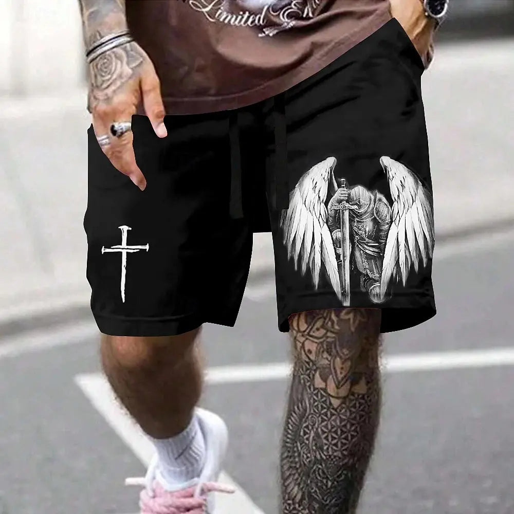 Men's swimming trunks retro 3D cross angel print beach shorts quick-drying outdoor leisure sports shorts swimwear fashion shorts