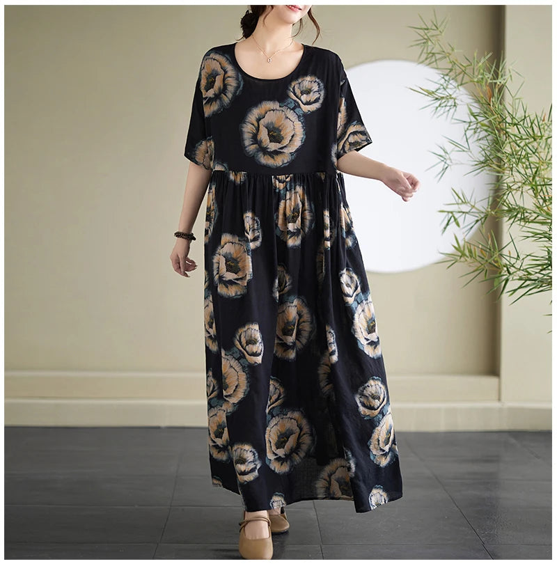 Oversized Summer Bohemian Style Long Dress Women Ruffle Pleated Fashion Flower Print Ladies Dresses Loose Casual Woman Dress