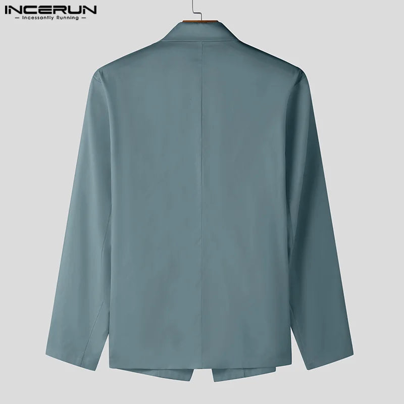 INCERUN Tops 2025 American Style Fashion Men Hollow Button Design Suit Coat Casual Streetwear Solid Long Sleeved Lace Up Blazers