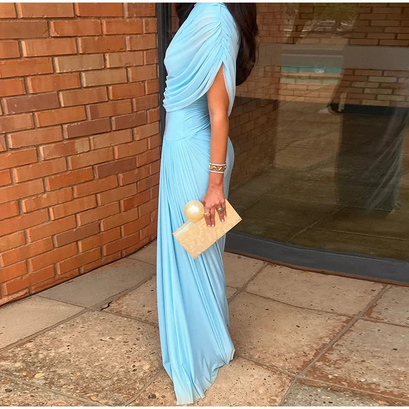 Shawl Long Dress Women Elegant Asymmetrical Chiffon Pleat Slim Waist Maxi Dresses 2025 Summer New Female Evening Party Prom Gown