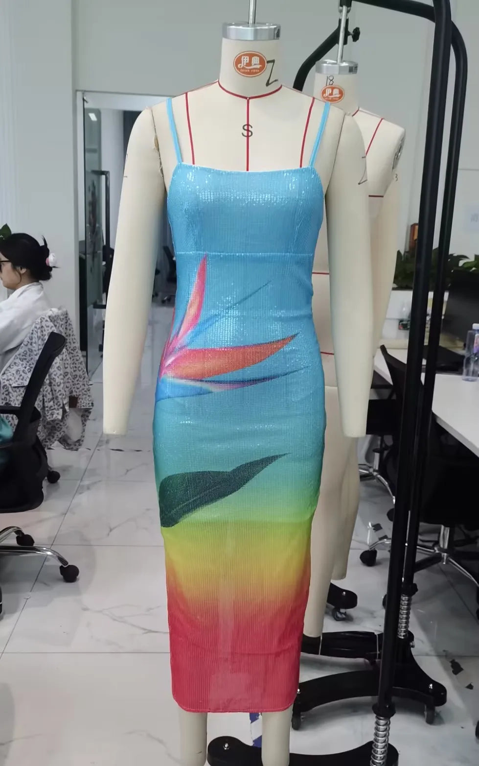 hirigin Women's Summer Long Dress U Neck Sleeveless Spaghetti Strap Leaves Pattern Slit Hem Contrasting Color Sequin Slim Dress