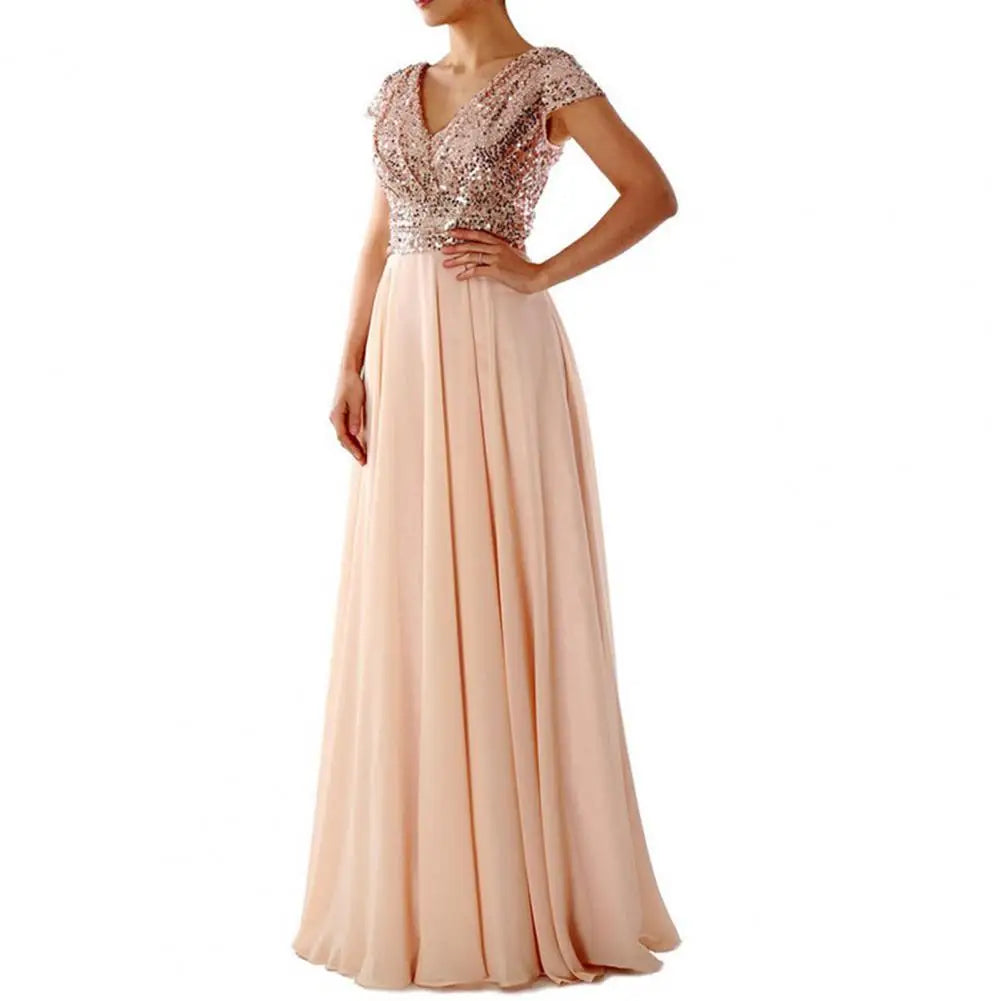 Elegant Sequins Chiffon Dress For women V Neck Pleated Hem Female Sequins Chiffon Prom Cocktail Long Dress Wedding Evening Dress