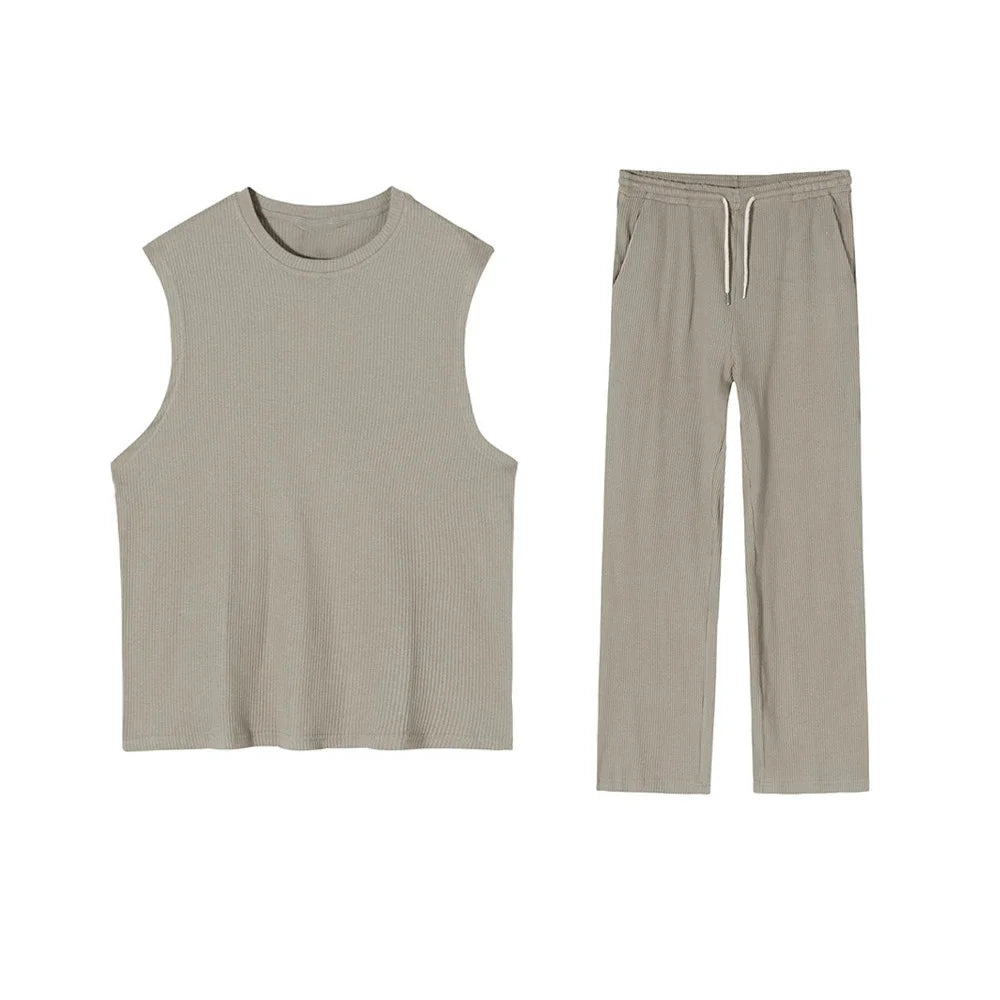 New Summer Clothing Mens Casual Tank Tops Set Luxury Korean Streetwear O Neck Solid Drape Vest and Trousers 2 Piece Suit