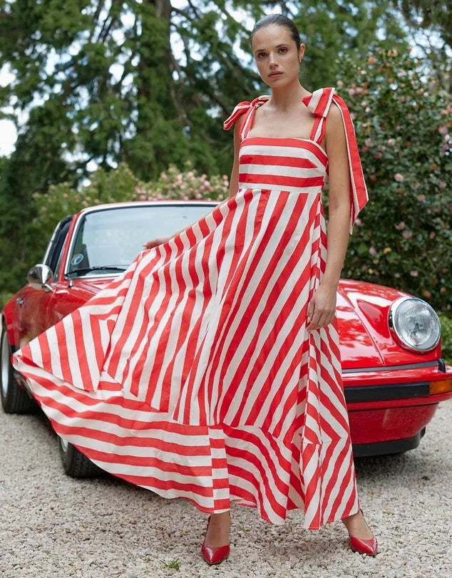 2024 Summer New Stripe Print Spaghetti Strap Dresses For Women Fashion Elegant Lady Bowknot Shoulder Strap Long Dress Vestidos