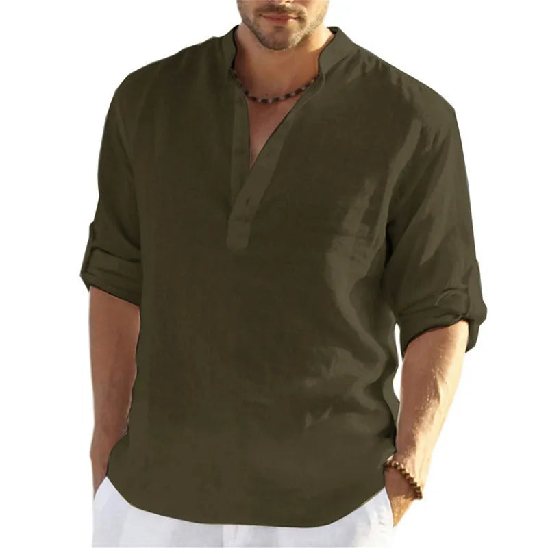 1pcs Summer Men Lightweight Shirt Male Long Sleeve Cotton Linen Shirts Beach Loose Fitting Shir Men's Breathable Collar T Shirt