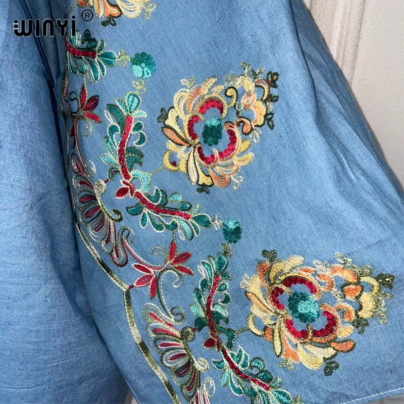 WINYI Embroidered soft denim cardigan Women coat Loose Long Dress elegant Party Boho maxi beach Holiday Swimming Cover Up Kimono