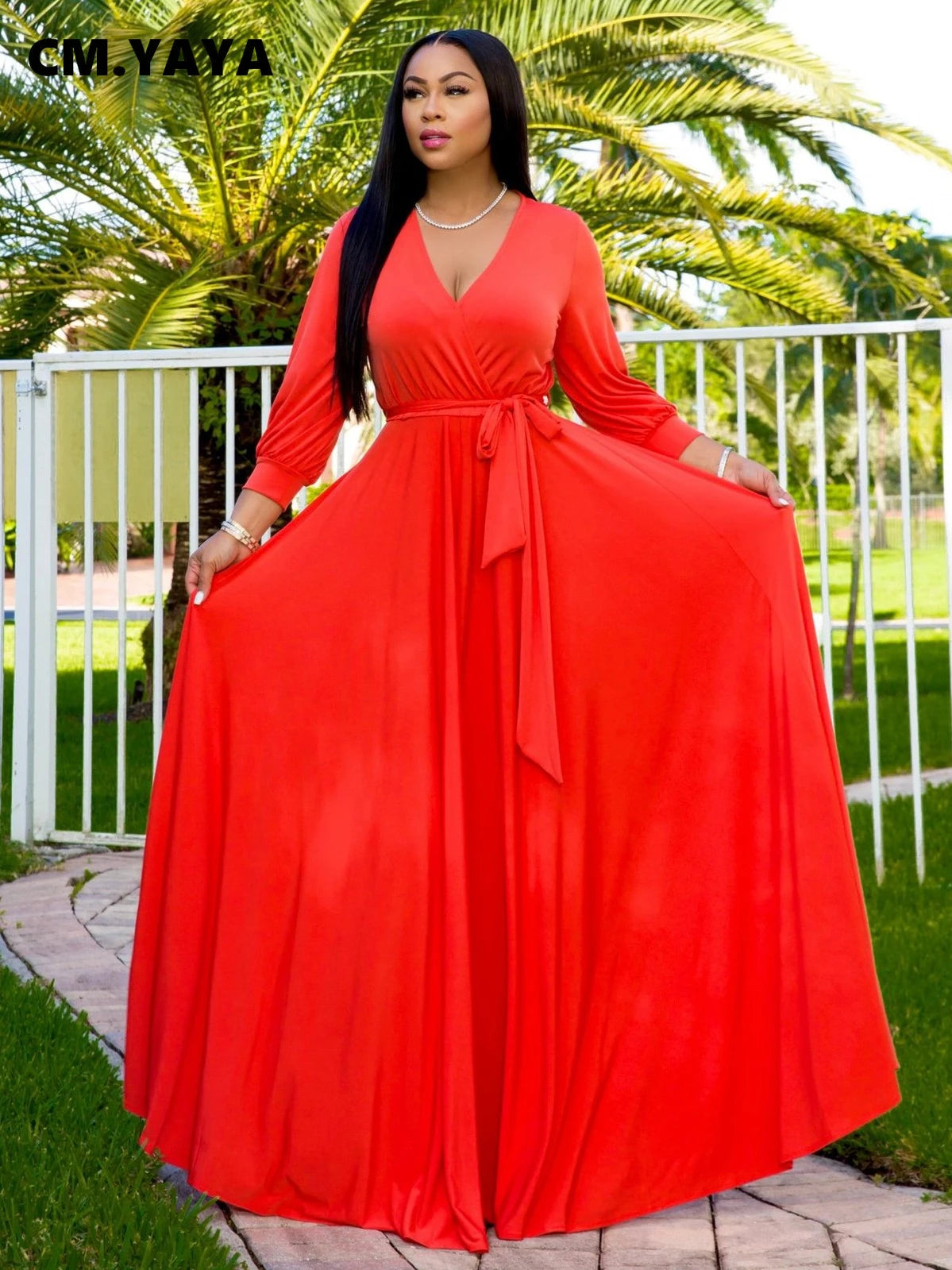 CM.YAYA Elegant Women Wraped V-neck Long Sleeve with Sashes Maxi Long Dress Chic INS Sexy Party Prom Big Swing Pink Dresses