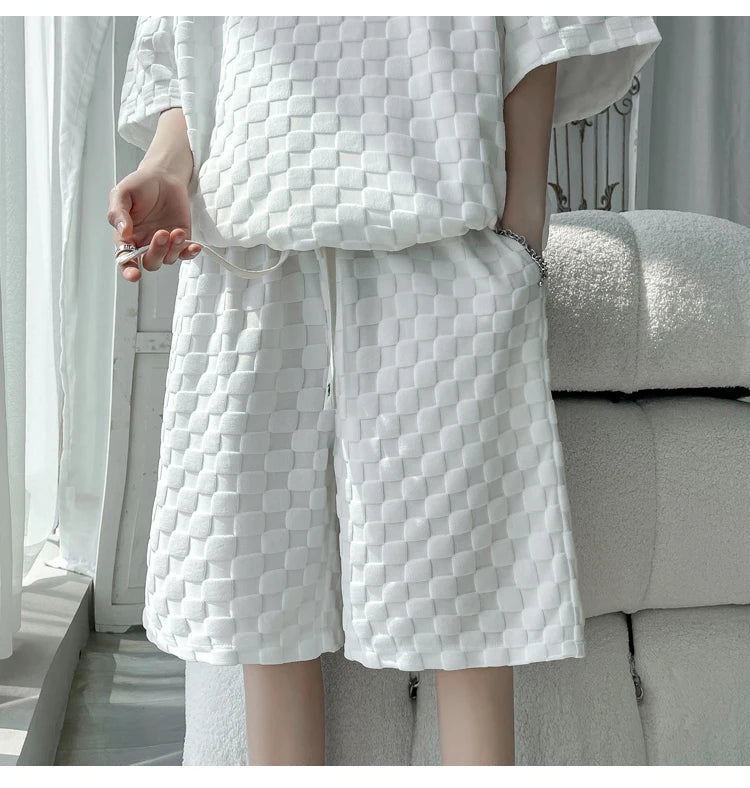 Men's Set Fashion Summer Loose Casual Plaid T Shirts And Shorts High Quality Korean Luxury Clothing Men's Clothes Big Size 5XL-M