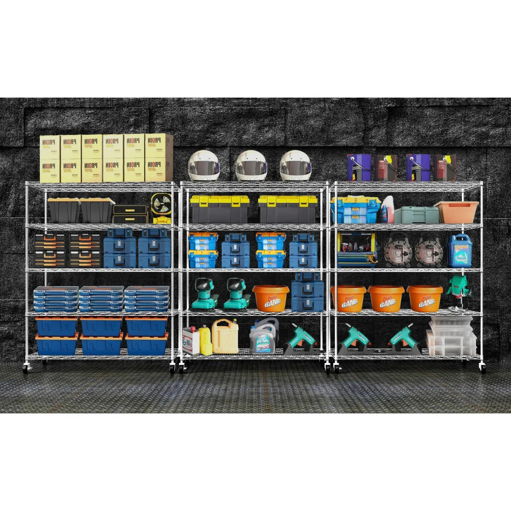Warehouse supermarket kitchen other 5-layer heavy-duty adjustable shelves with wheels  adjustable feet  frame bearing 300 pounds