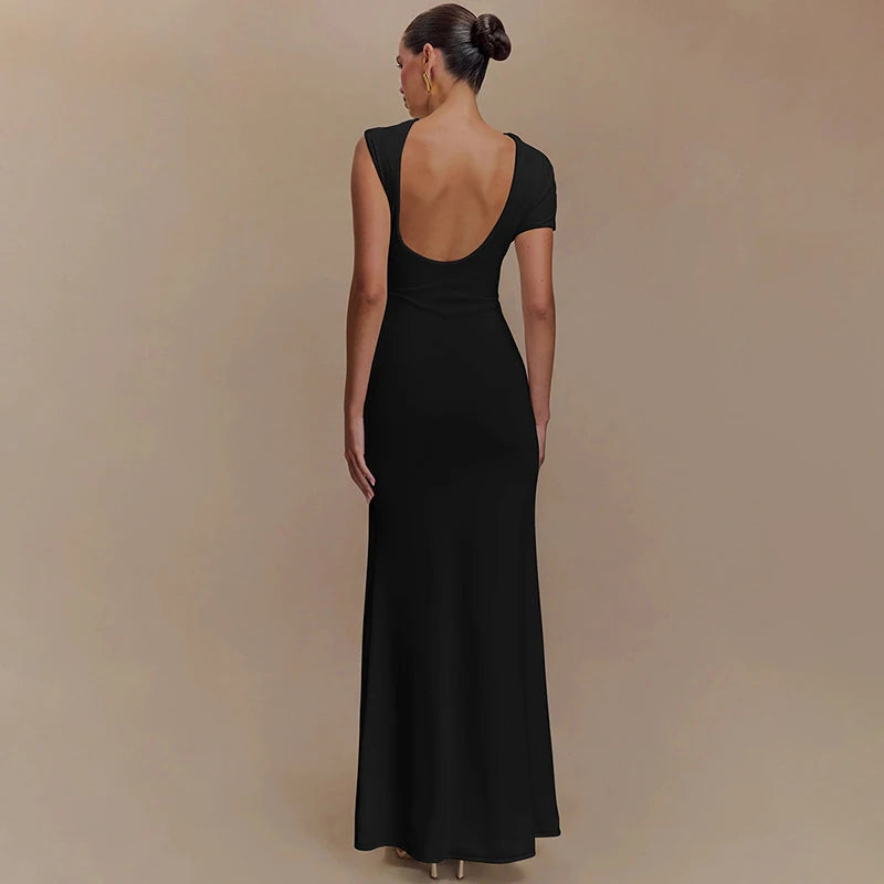 Mozision Hollow Out Backless Sexy Maxi Dress For Women Fashion Metal Buckle Solid Short Sleeve High Waist Slim Fit Long Dress