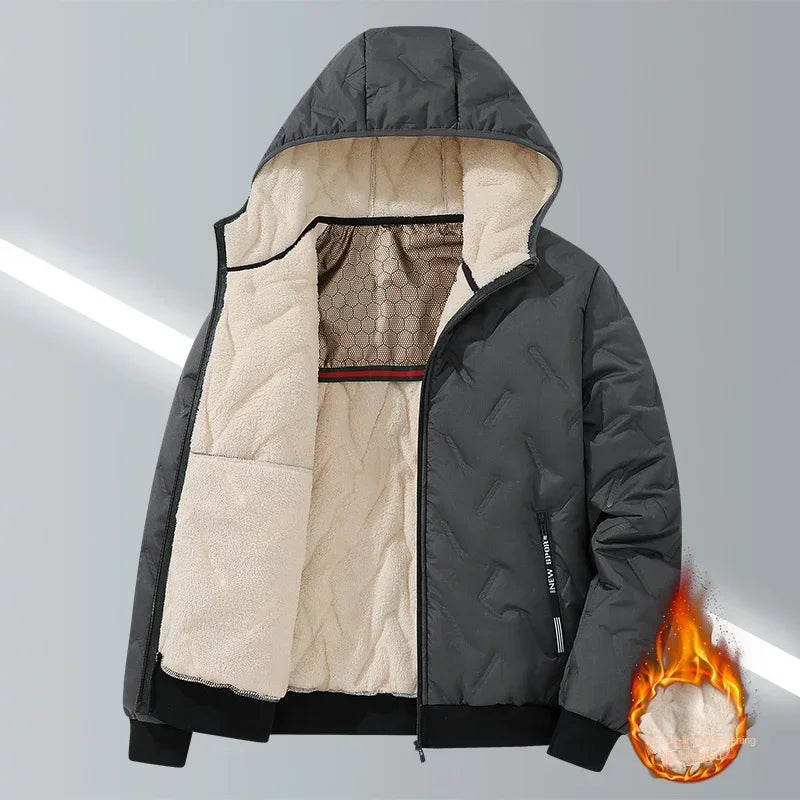 2024 new men's imitation wool cotton jacket thick and warm plus size loose and casual versatile solid color simple hooded top
