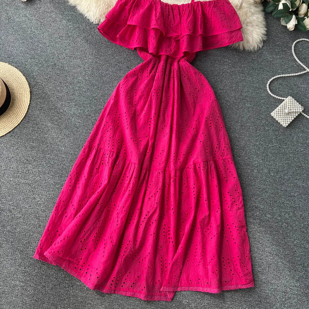 SINGREINY High Street Cotton Embroidery Long Dress Women Hollow Out Backless Beach Sundress Fashion Off the Shoulder Sexy Dress