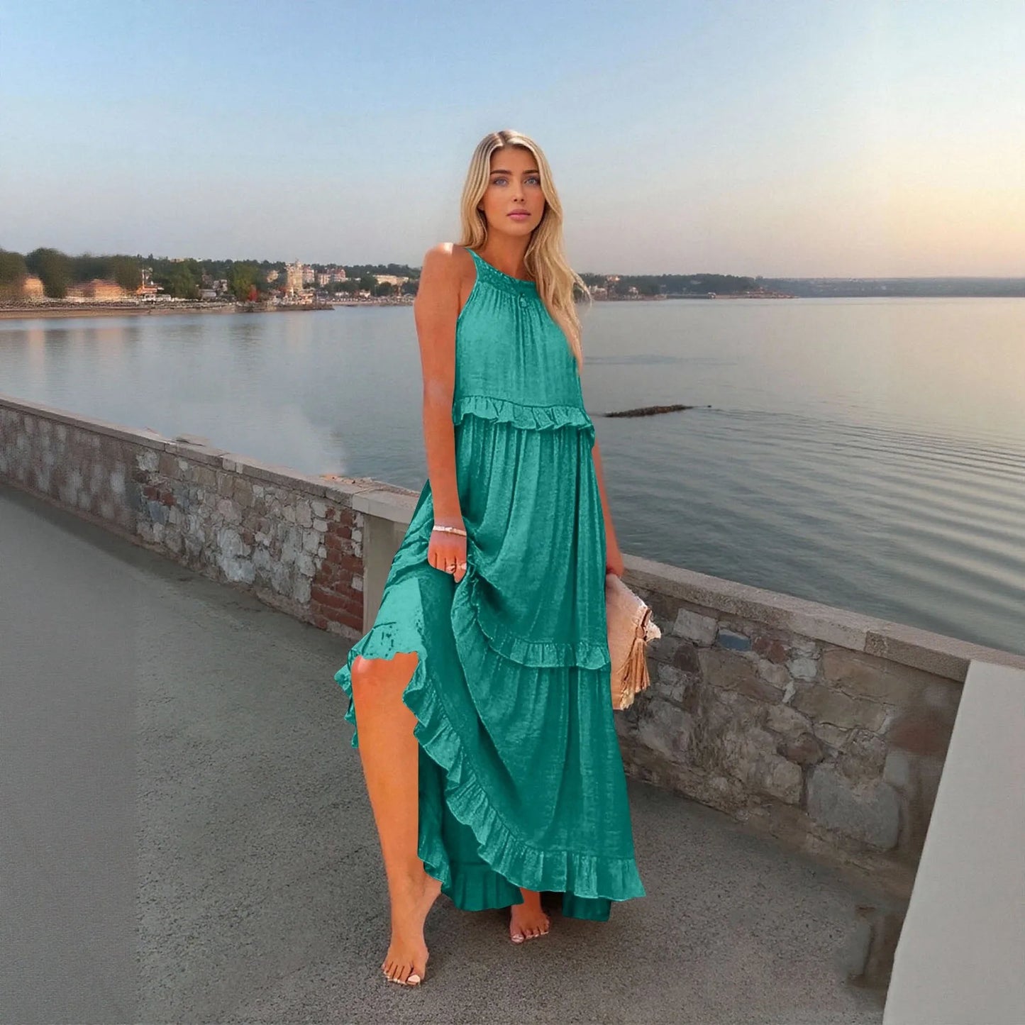 Women's Ruffled hem layered long dresses Summer Sleeveless backless dress Fashion Long Dress Big Swing Beach Dress vestidos