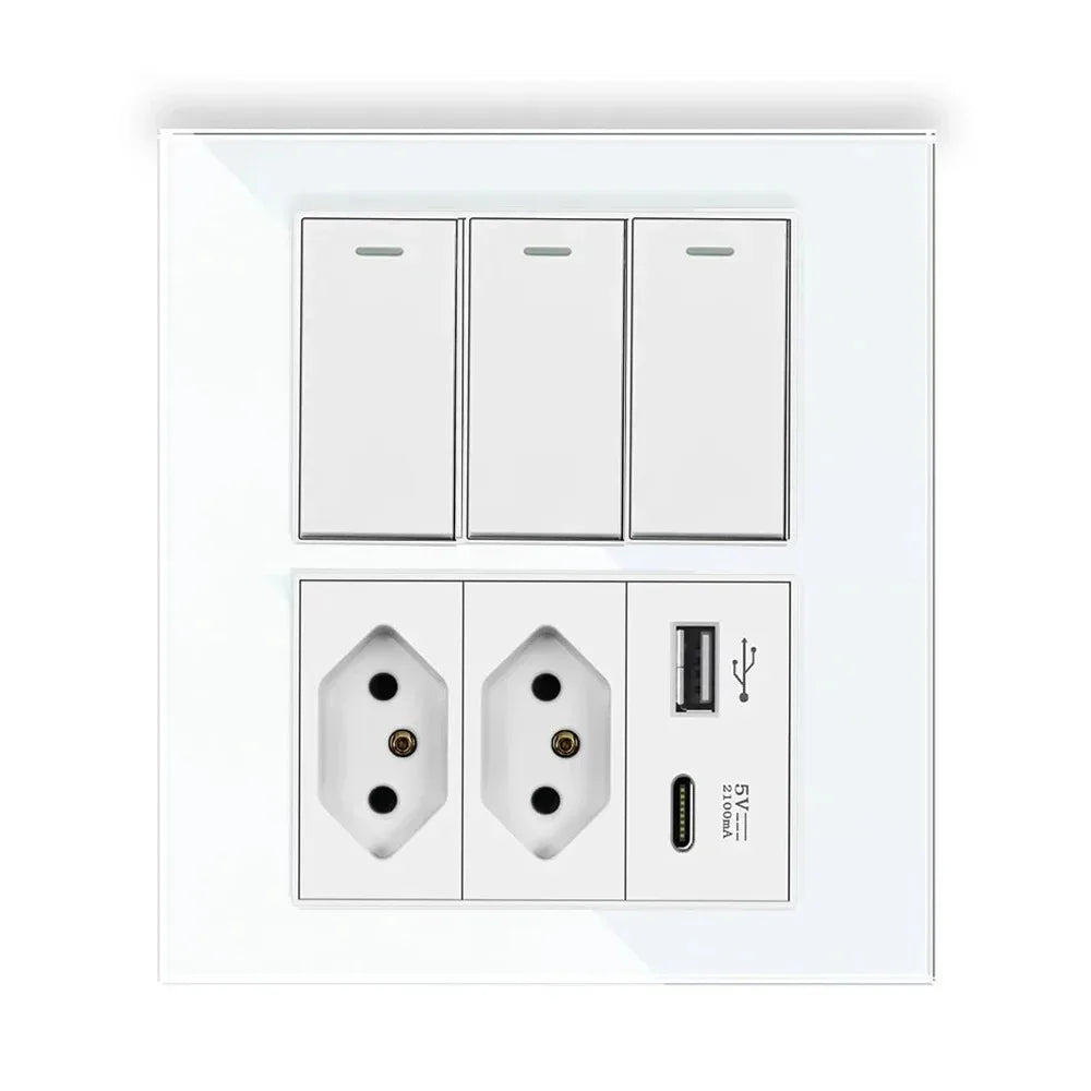 Melery 4*4 Brazil Plug 20A Wall Socket Tomada USB Type C Pressure Switch Tempered Glass Panel Outlets Indoor Home Office Kitchen