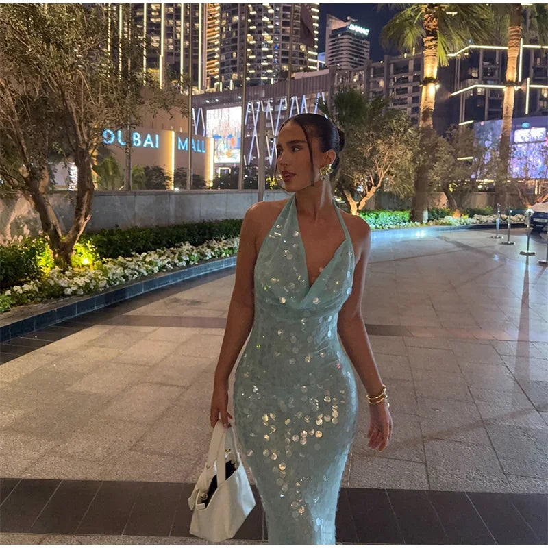 Elegant Sequin Halter Long Dress Women Sexy Bule Backless Sleeveless Slim Asymmetrical Beach Dresses Lady Chic Party Holiday