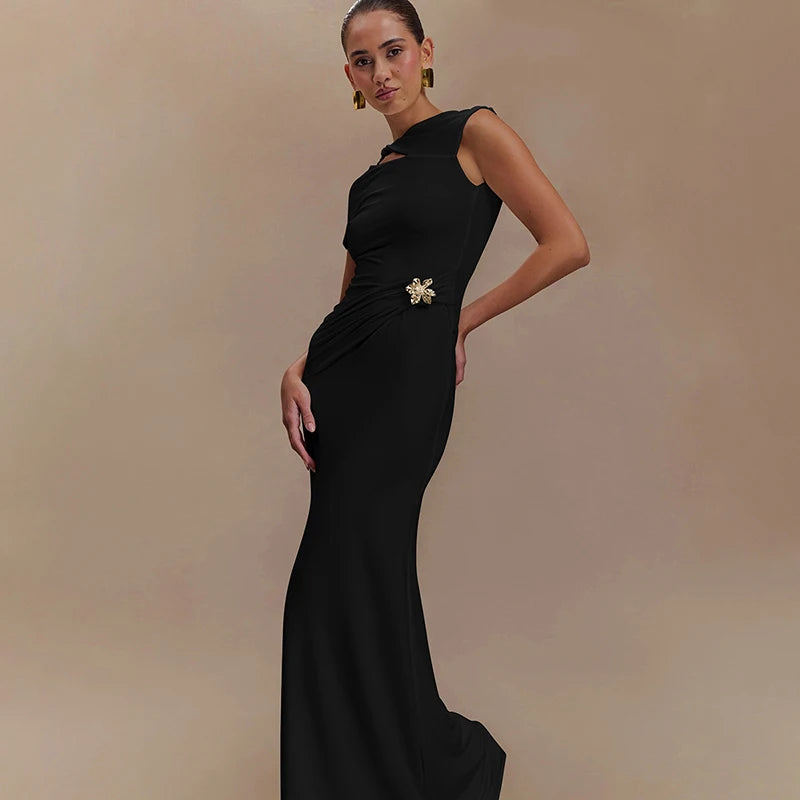 Mozision Hollow Out Backless Sexy Maxi Dress For Women Fashion Metal Buckle Solid Short Sleeve High Waist Slim Fit Long Dress