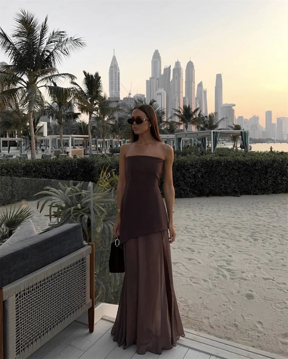 Fashion Strapless Dress With Ribbon Female Elegant Sleeveless Patchwork Mesh Beach Vacation Long Dress 2025 Summer New Dress