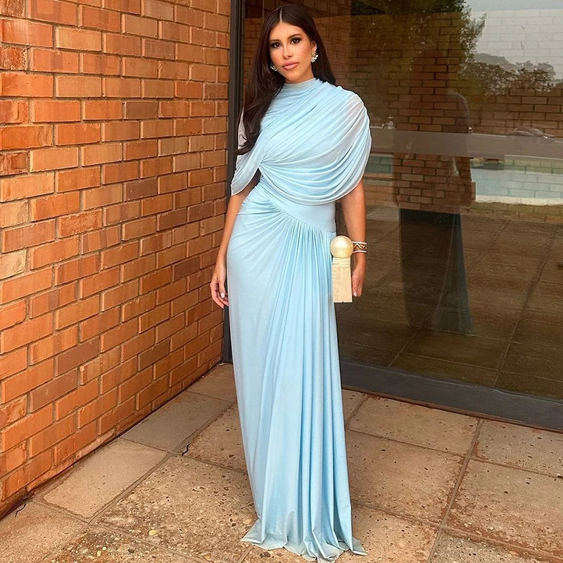 Shawl Long Dress Women Elegant Asymmetrical Chiffon Pleat Slim Waist Maxi Dresses 2025 Summer New Female Evening Party Prom Gown