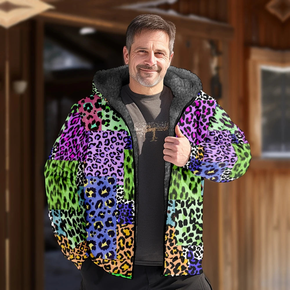 Autumn Winter Fleece Zip Up Hoodies Original Leopard Patchwork Digital Print Men Parka Coat Jackets Outerwear Sweatshirts Street