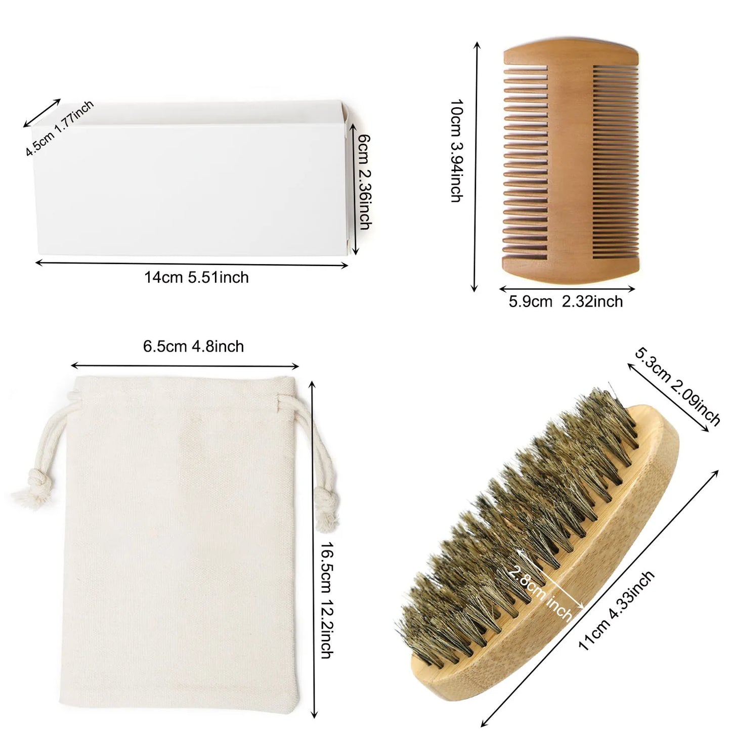 Men Shaving Bamboo Brush Comb Set Boar Bristle Portable Barber Beard Brush Comb Scissors for Facial Cleaning Styling Tool