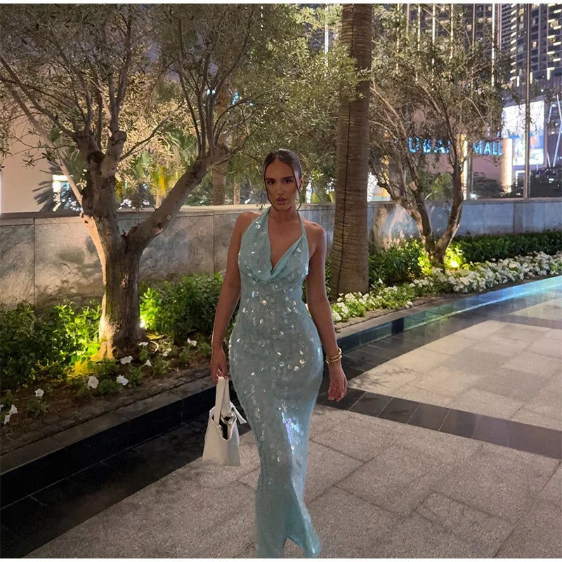 Elegant Sequin Halter Long Dress Women Sexy Bule Backless Sleeveless Slim Asymmetrical Beach Dresses Lady Chic Party Holiday