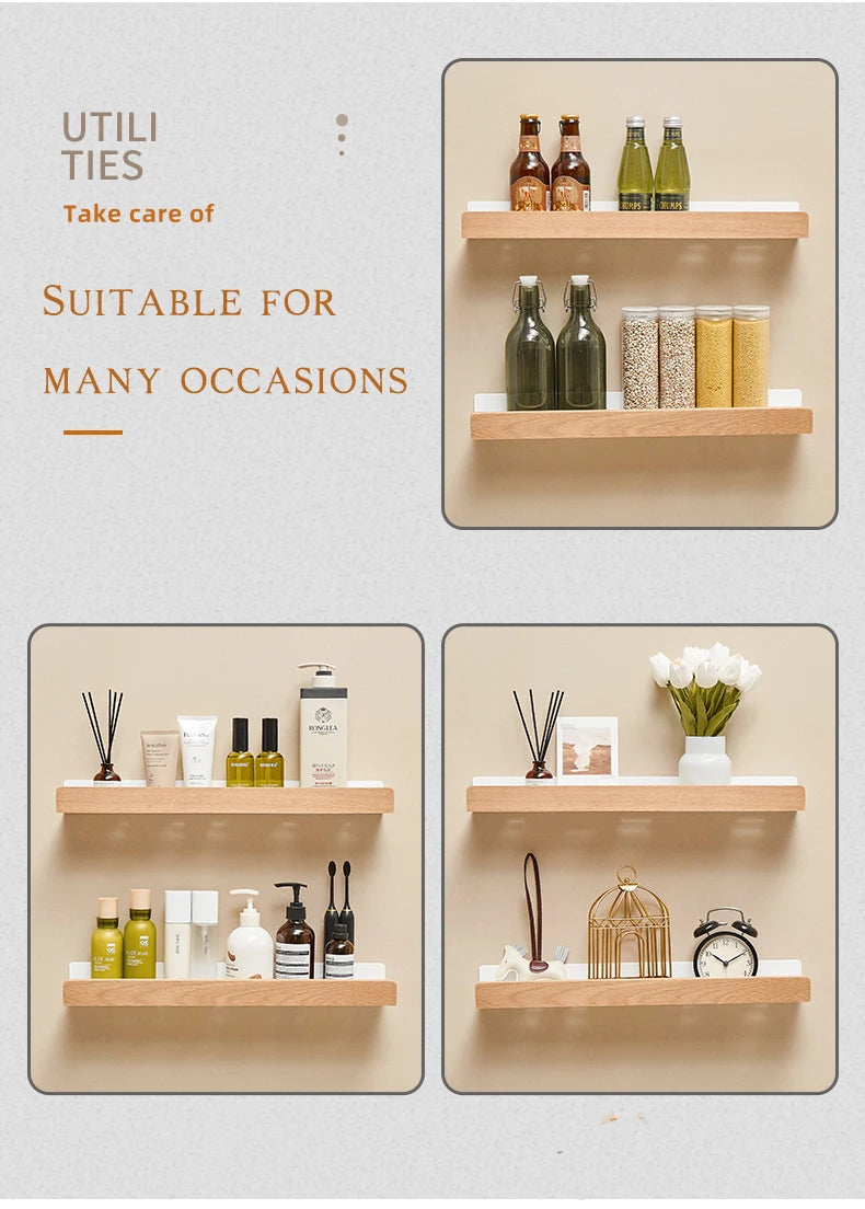 Bathroom Rack Wall-mounted Shower Room Toilet  Nordic style Shelf Cosmetic Storage kitchen Multi-purpose Shelf Solid Wood