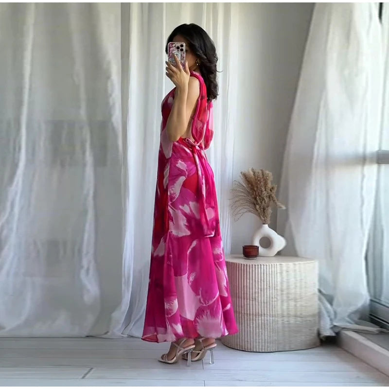 Elegant Printed Tighte Waist Women's Long Dress V-neck Slim A-line Robe 2025 Summer Beach Holiday Style Female's Long Dresses