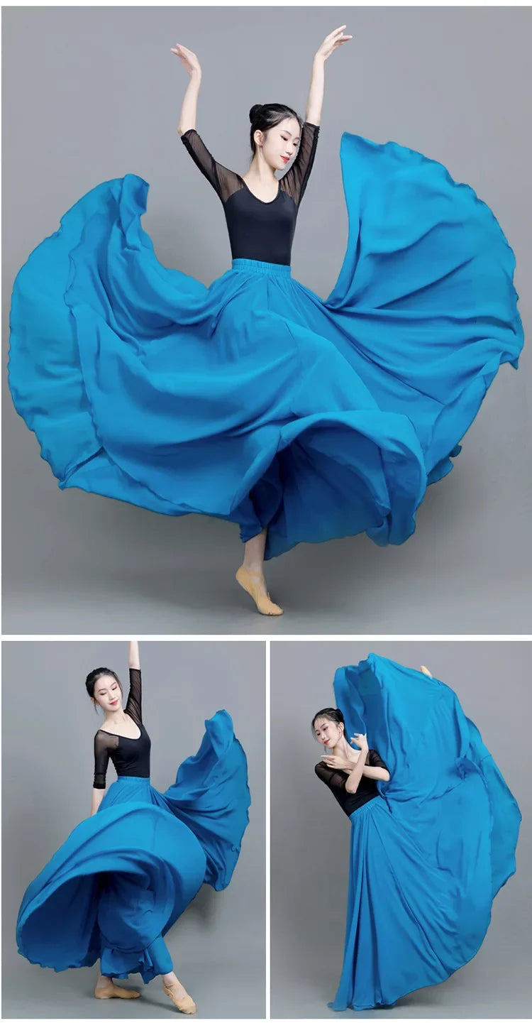720 Degree Wide Dancing Skirt Chiffon Double Layer Semi-Long Dress Women's Solid Color Xinjiang Dance Skirt
