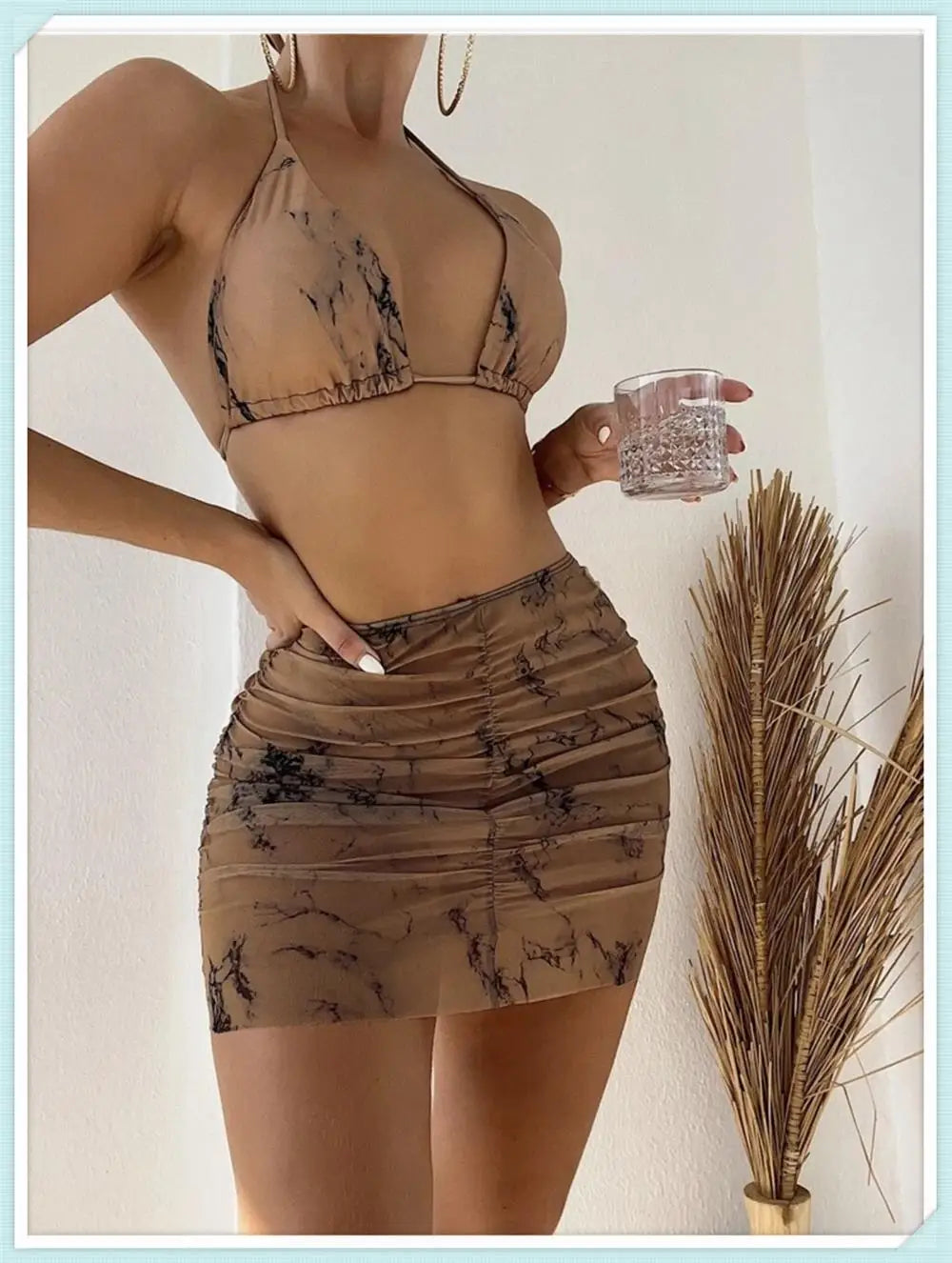 3 Pieces Thong Bikini Set With Skirt Marble texture Bathing Suit Women Swimsuit Set Female Swimwear Beach Wear Swimming Summer