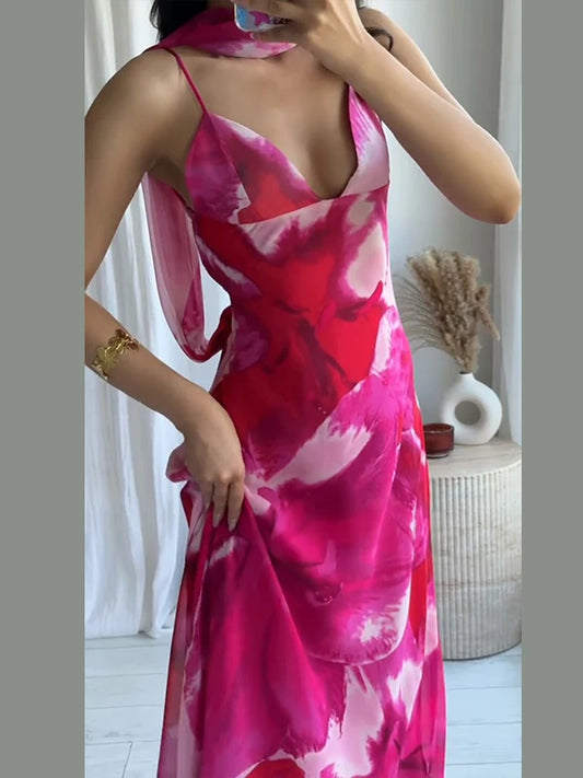 Elegant Printed Tighte Waist Women's Long Dress V-neck Slim A-line Robe 2025 Summer Beach Holiday Style Female's Long Dresses
