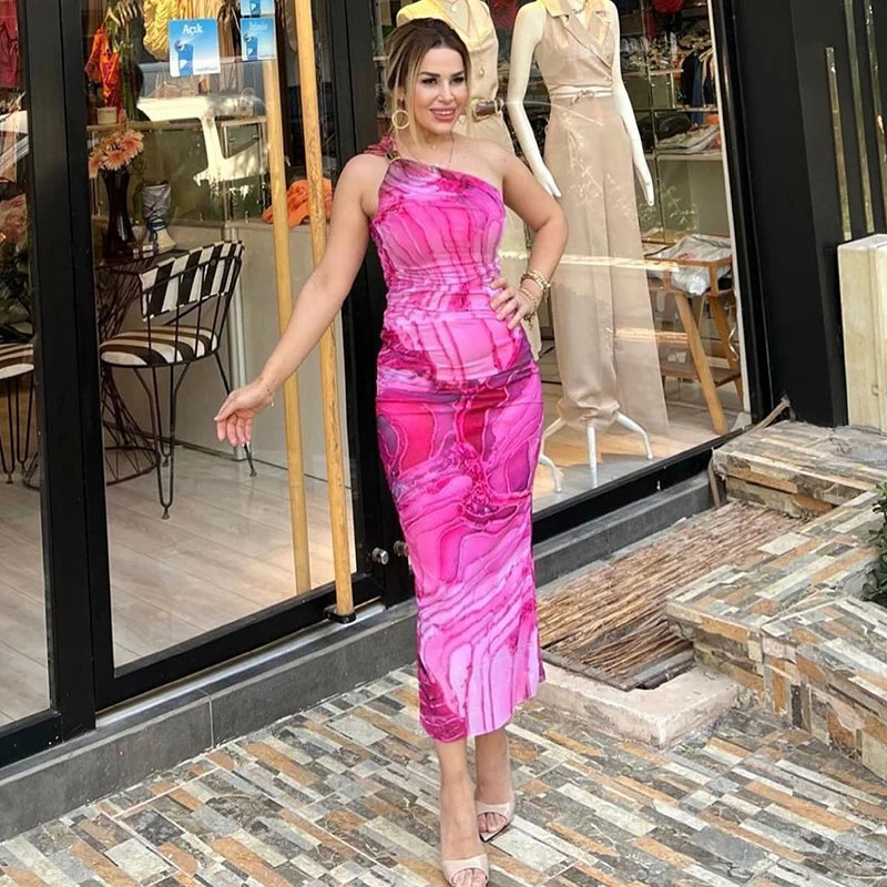 CUTENOVA Sexy Slash Collar Gradient Print Long Dress Summer Chic One-Shoulder Backless Party Dresses Sleeveless Hollow Slim Fit
