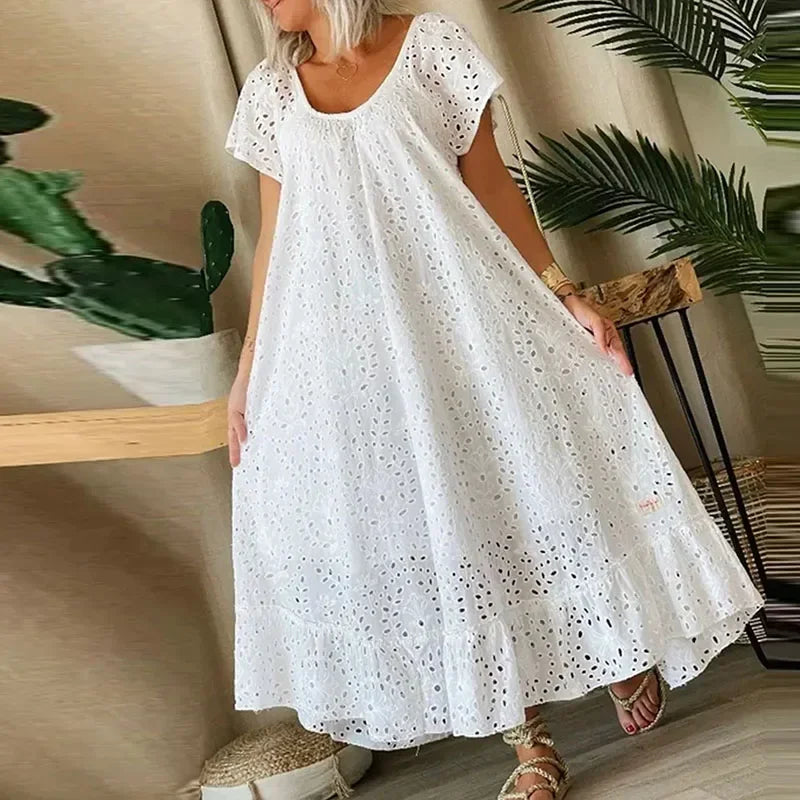 Women's Casual White Swing Party Dresses YK2 Ladies Elegant O-neck Hollow Long Dress Vestidos Summer Loose Short Sleeve Dress